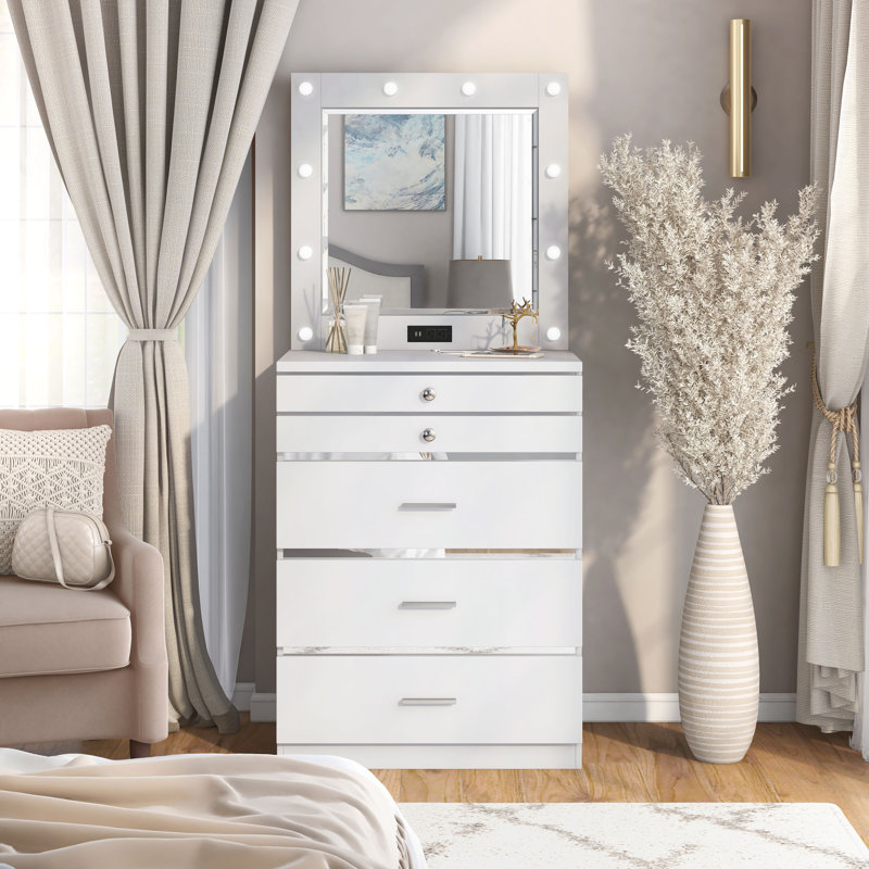 Commode 5 tiroirs Sarim, Blanc ultrabrillant