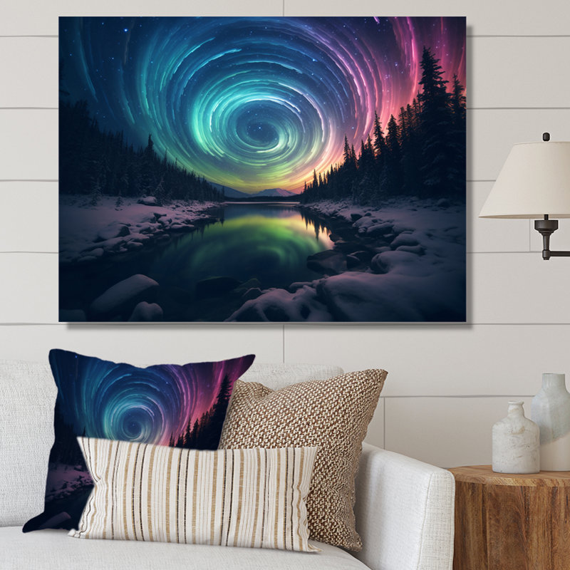 «Ethereal Northern Lights Water Reflections», reproduction sur toile, 24" H x 32" W, Gold Picture Framed