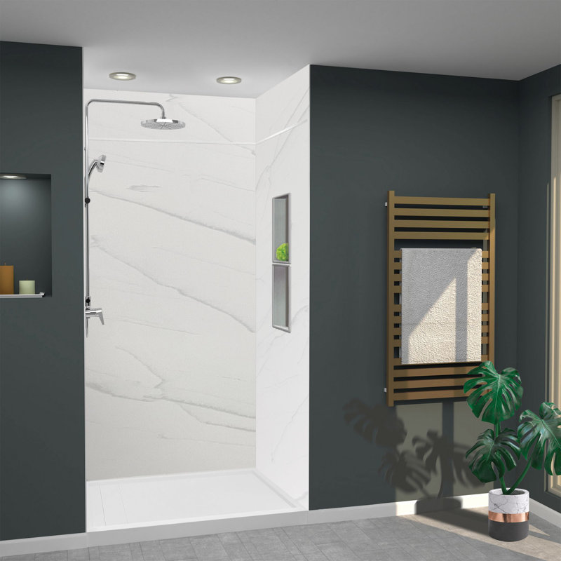 Transolid Lusso 48-in x 36-in x 84/12-in Glue To Wall 6-Piece Transition Shower Wall Kit, Palladio White, Palladio White