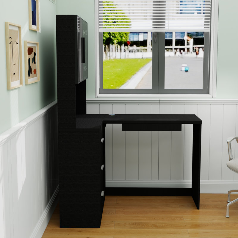 Bureau d'ordinateur en L avec tiroirs, étagère de rangement et armoire, Noir