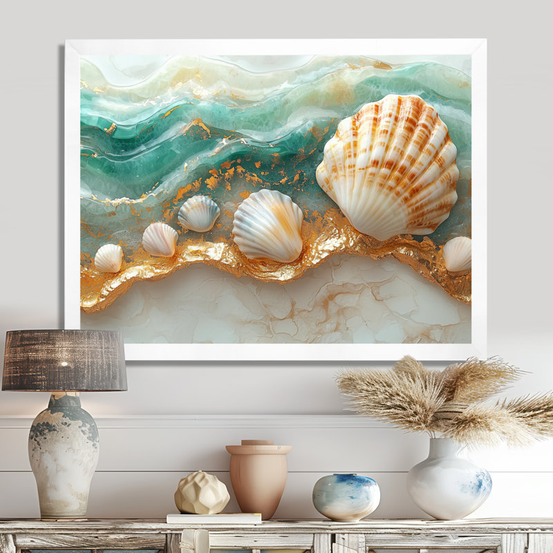 Coquillage et sable émeraude I - art mural bord de mer, Cadre simple, H 24 po x l 32 po, Blanc