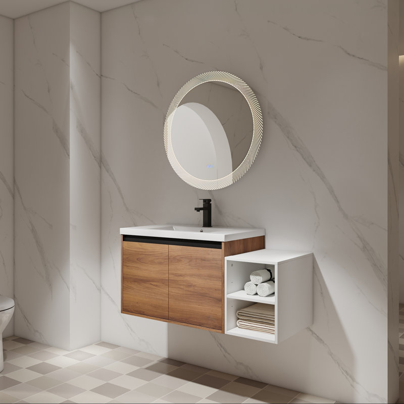 Meuble-lavabo mural avec lavabo de comptoir en résine, tablette et portes à fermeture en douceur, 42"