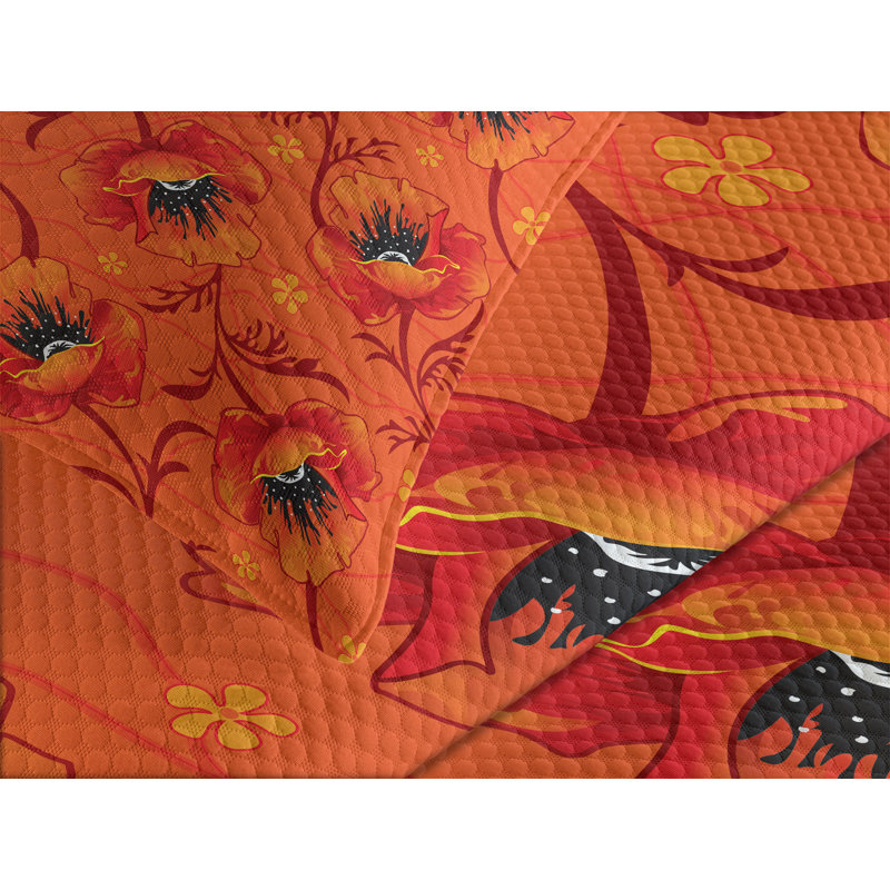 Orange Floral Quilted Queen Bedspread Set with Shams
