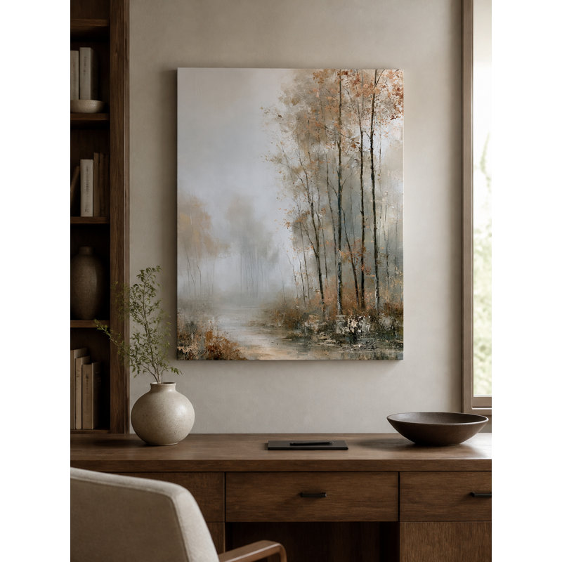 Misty Autumn Riverbank Wrapped Canvas Wall Art, H 40 po x l 30 po x P 1,5 po