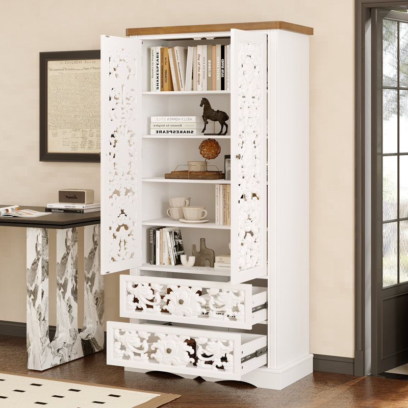 66'' H X 53'' W 2-Drawer 5-Tier Bookcase With Skeleton Carving Design