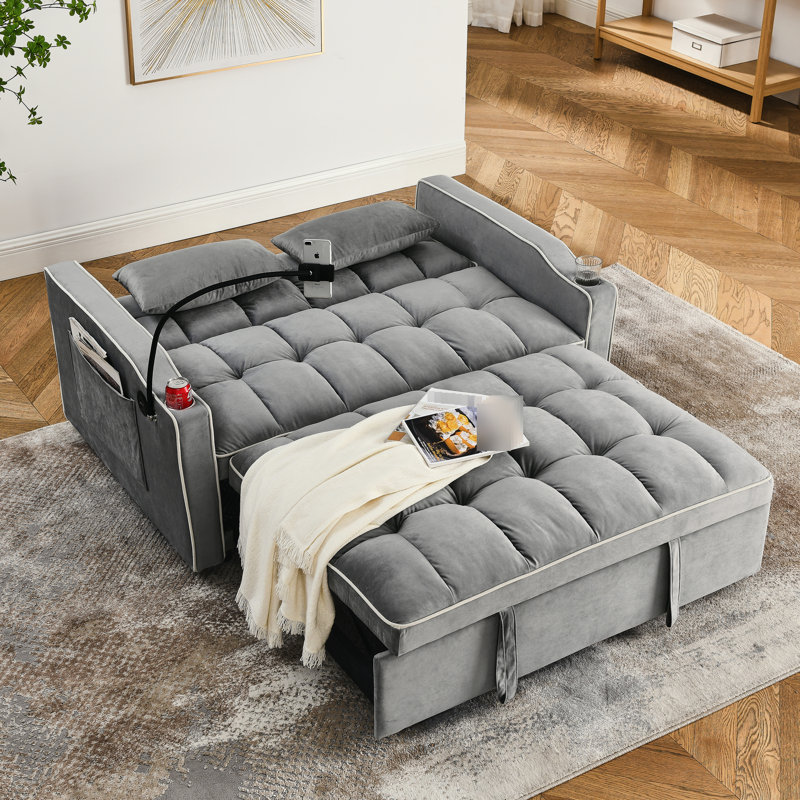 Lit pliant en velours gris avec dossier réglable, support de charge et support pour téléphone, dos et port pour appareils électroniques