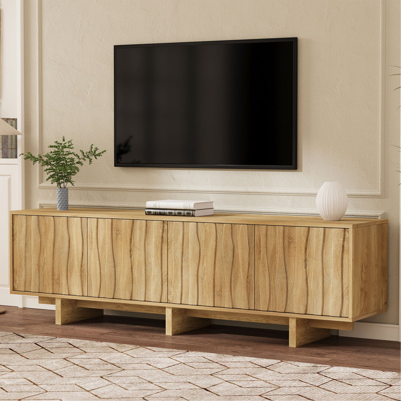 Meuble télé à grain rétro en bois avec porte ondulée pour téléviseur de 75 po ou moins, console média rustique avec amplement d'espace de rangement, meuble télé à base robuste avec gestion des câbles pour le salon