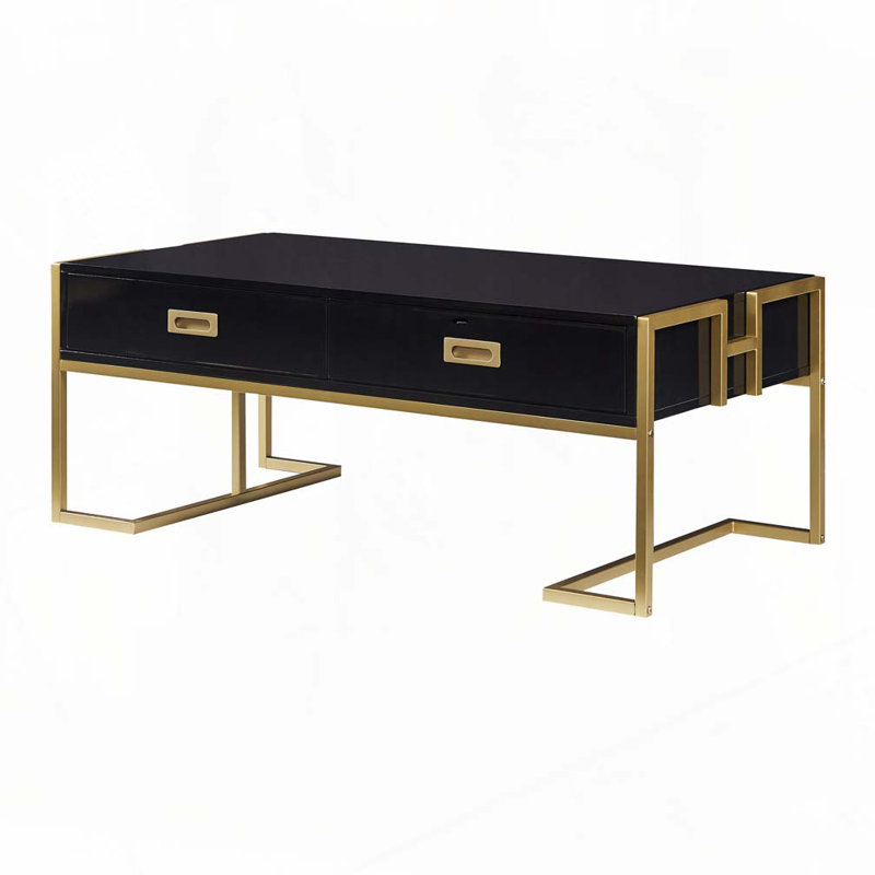 Table basse rectangulaire à 4 tiroirs et base dorée, Noir