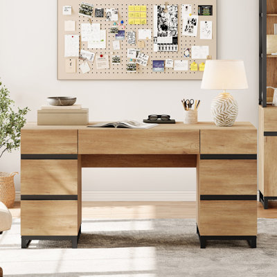 59" Modern Executive Desk With Drawers, Wood Computer Writing Desk With Charging Station, Office Desk For Bedroom, Living Room, Home Office by Alcott Hill