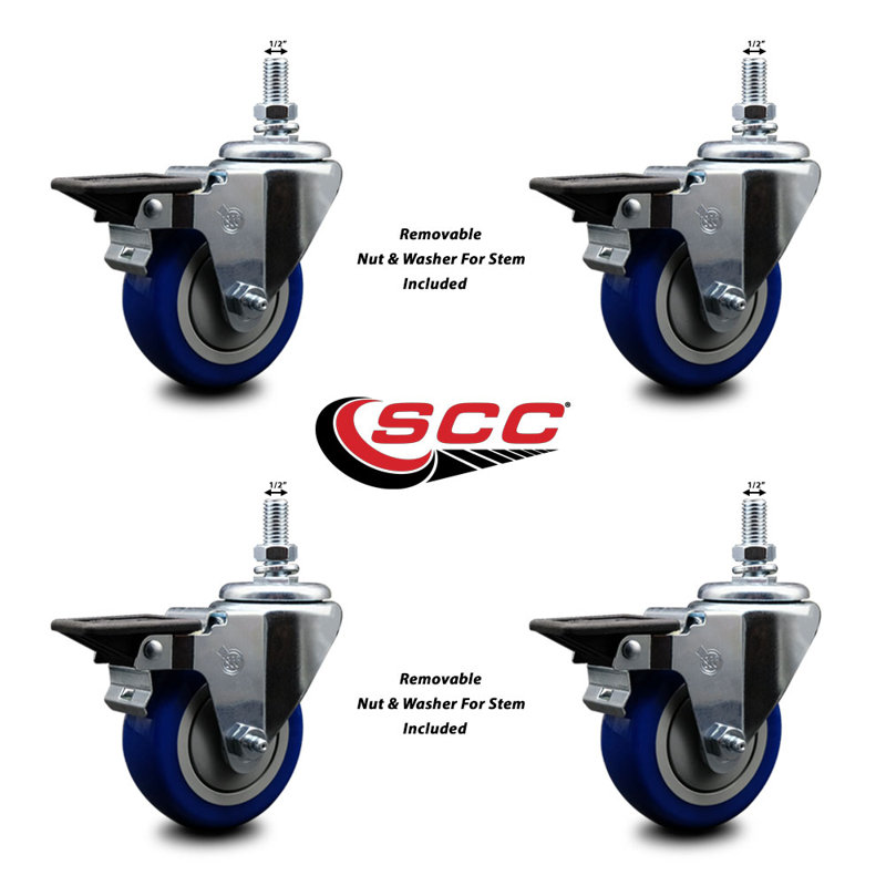 3.5 Inch_Polyurethane ½ Inch Threaded Stem Caster Set with Brake, Gray