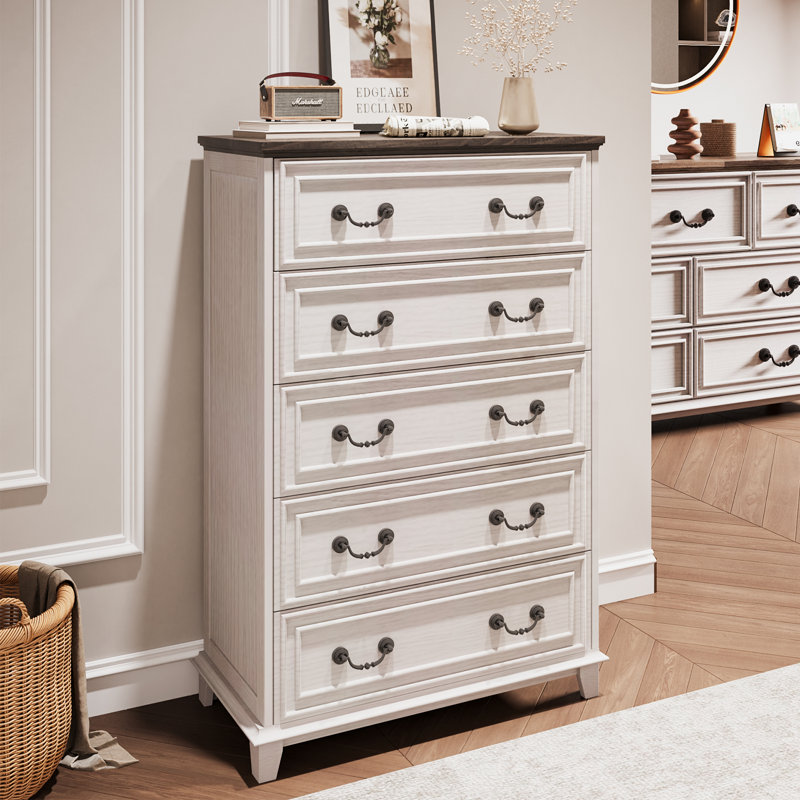 Farmhouse 5 Drawer Bedroom Dresser,31.18"W Wood Tall Chest Of Drawers, Closet Storage For Bedroom& Living Room, White