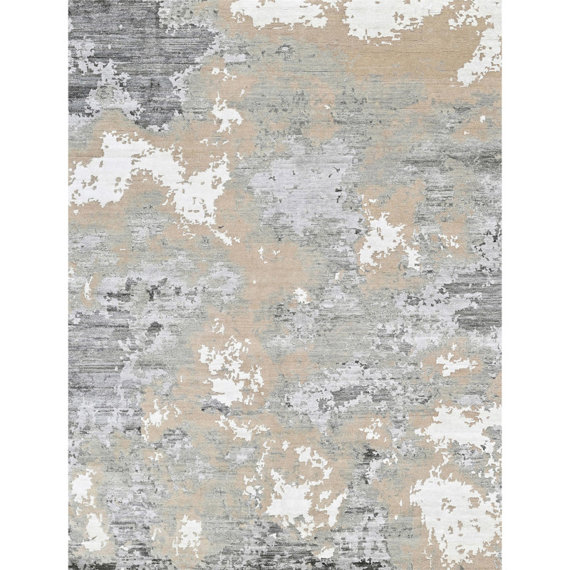 High-Quality Hand-Knotted Camel And Silver Area Rug, Rectangle 8' x 10'