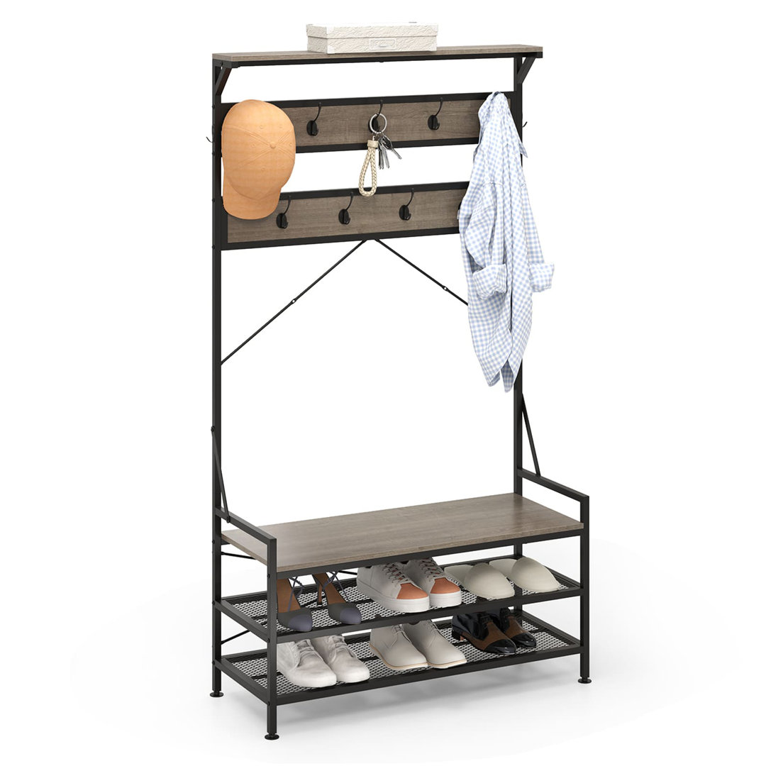 Coat Rack 4-In-1 Hall Tree with 11 Hanging Hooks & Shoe Bench