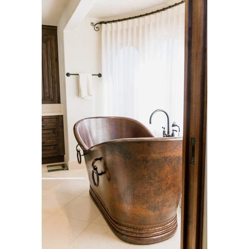 67" Hammered Copper Double Slipper Bathtub With Rings, Glazed White/Polished Copper