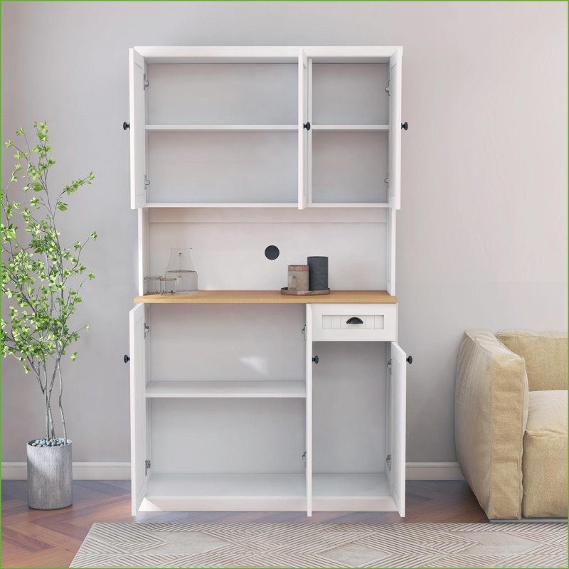 71" White Freestanding Kitchen Pantry Cabinet with Microwave Countertop, Adjustable Shelves, 6 Doors &amp; 1 Drawer | E1 MDF | UV Finish