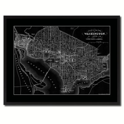 Washington DC, impression de carte monochrome sur toile avec cadre personnalisé noir, 28 x 37