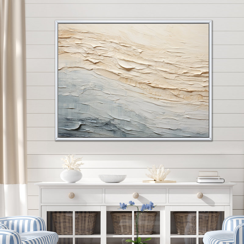 Décoration murale moderne bord de mer beige et gris I - Océan côtier, H 16 po x l 32 po x P 1 po, Cadre flottant blanc
