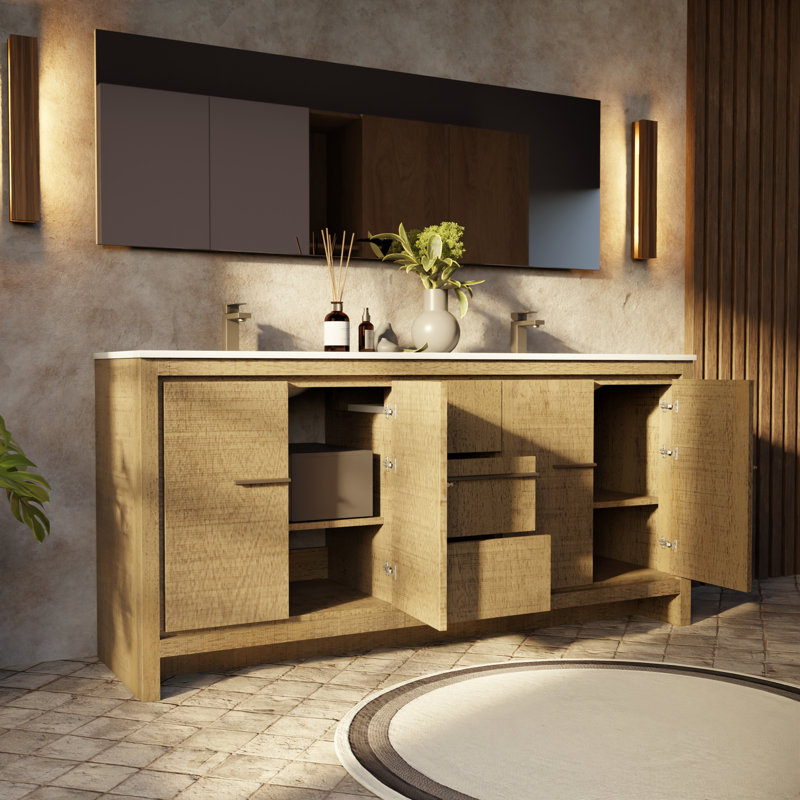 Robinet de meuble-lavabo double en métal l 72 po x P 20 po Lafarre, Acacia rustique, Quartz blanc