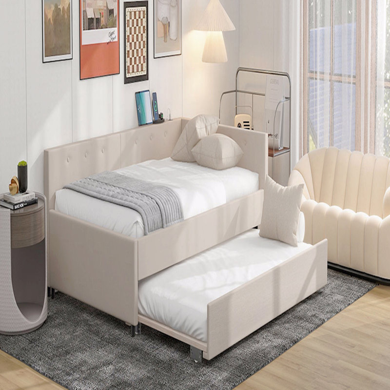 Lit plateforme double tapissier avec USB et lit gigogne simple, Lit double