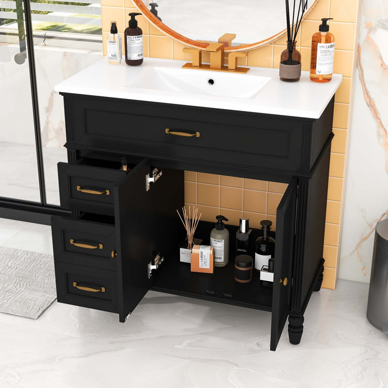 Meuble-lavabo de salle de bain avec lavabo, portes à fermeture douce et tiroirs, Noir