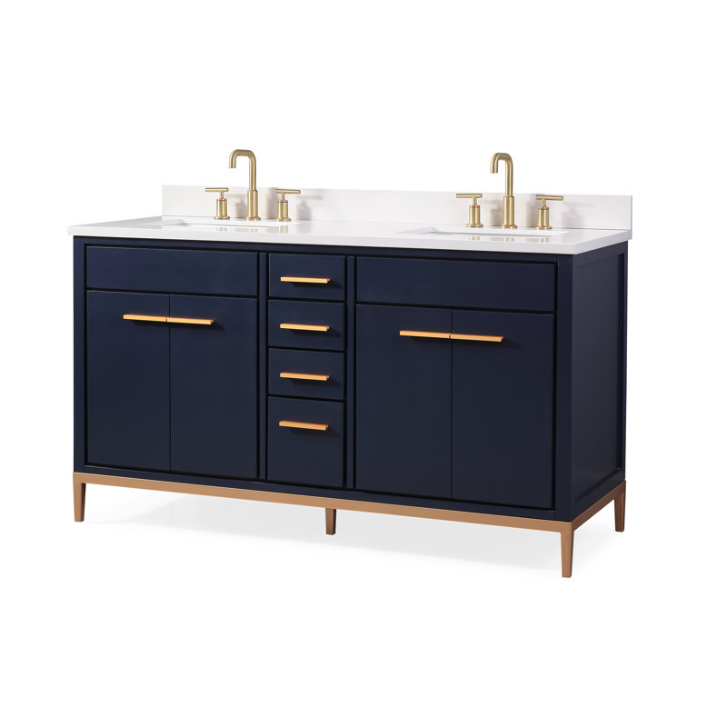 Tennant Brand 60 Inch Modern Freestanding Navy Blue Beatrice Bathroom Vanity, Double Sink, White Quartz Top, Fully Assembled