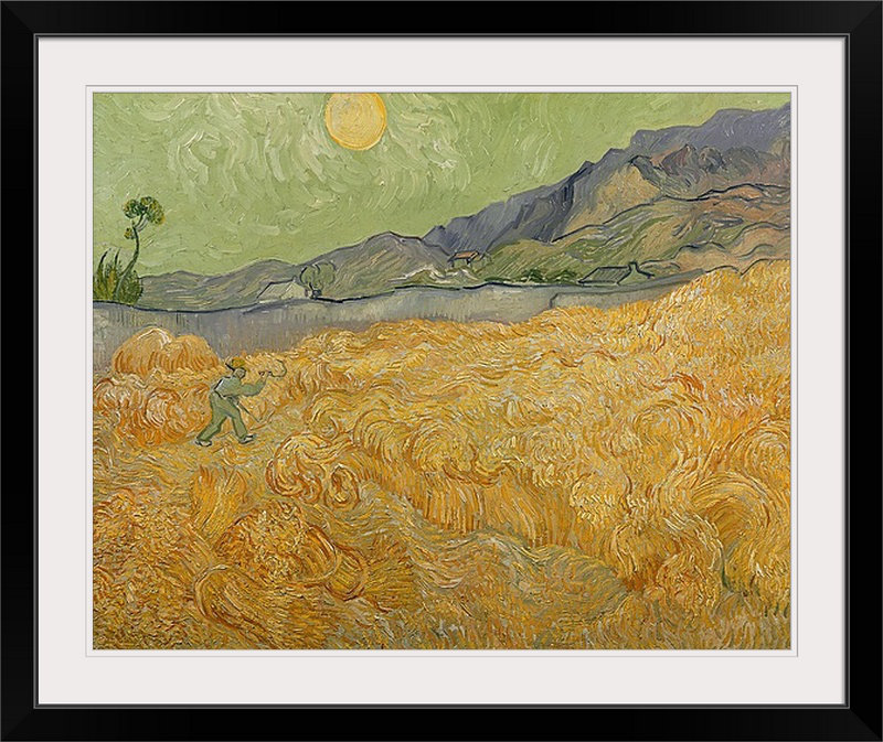 «Wheatfield with Reaper, 1889» par Vincent Van Gogh, reproduction d'art, H 24 po x l 28 po x P 1 po, Cadre noir