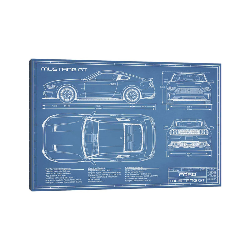 Mustang GT 2018-2020 by Action Blueprints - Wrapped Canvas Print, 20.32 cm H x 30.48 cm W