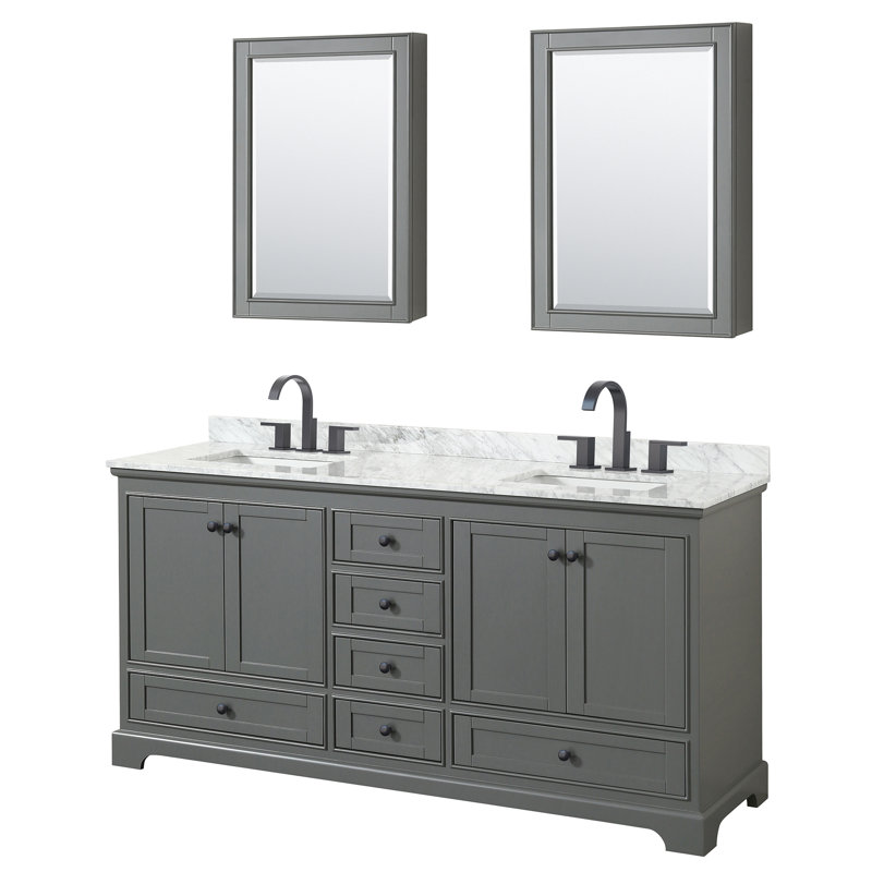 Deborah 72'' Double Bathroom Vanity with Marble Top with Mirror, Dark Gray, Matte Black