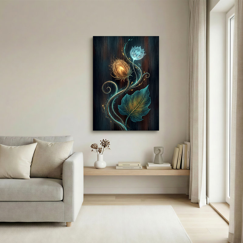 Art mural sur toile de chardon doré brillant et fleur bleue translucide, 48"H x 32"W