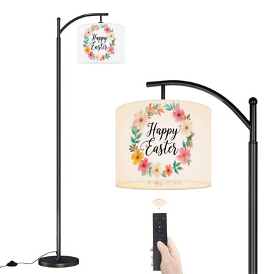 Arc Floor Lamp Watercolor Floral Wreath Happy Easter Message Floor Lamps with Remote LED Lights Adjustable Lamp Shades Tall Standing Lamps for Reading Office Living Room