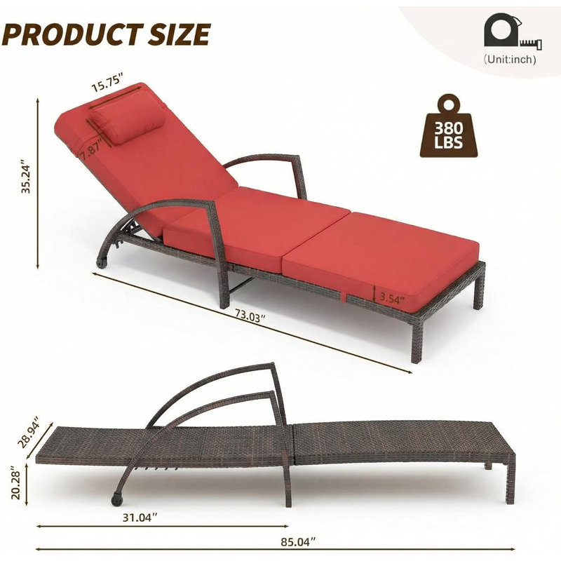Ensemble de chaises longues en rotin 2 pièces, fauteuil inclinable à 5 positions avec coussins, Rouge