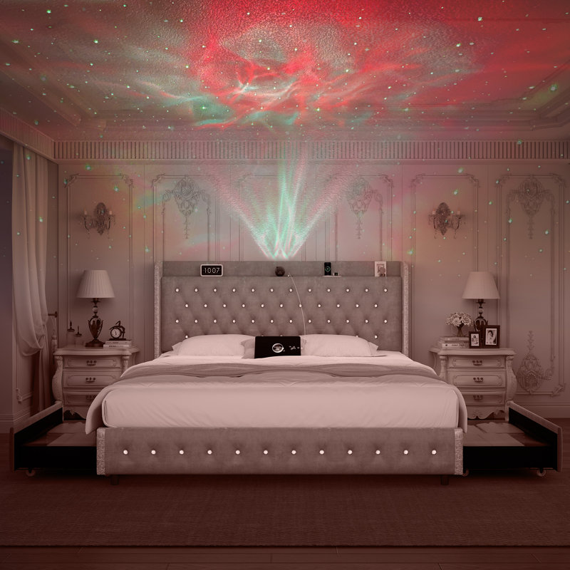 Upholstered Platform Bed Frame With 360° Galaxy Projector, Dustproof Storage Drawers, Wingback Headboard, Gray, Queen