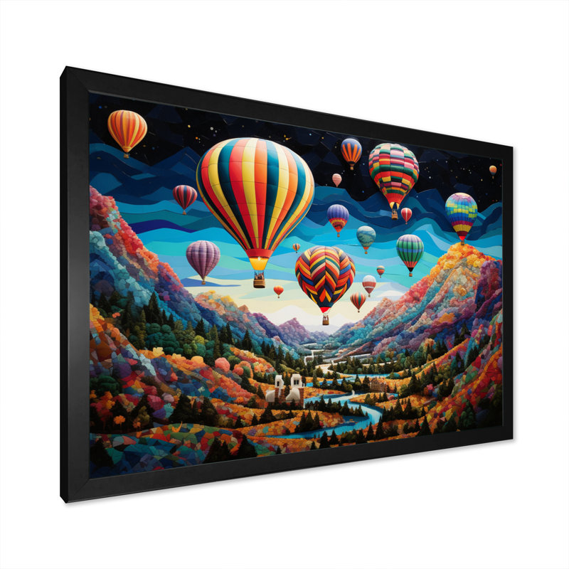 Mosaïque de ballon à air chaud bleu sarcelle - impression sur toile, Cadre simple noir, H 24 po x l 32 po x P 1 po