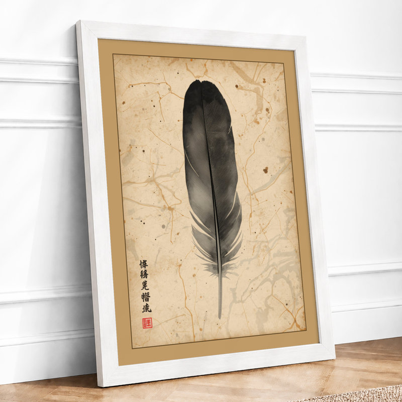 Feather On Aged Paper Japandi - Print, A4 - 29.7 x 21.0 cm, White