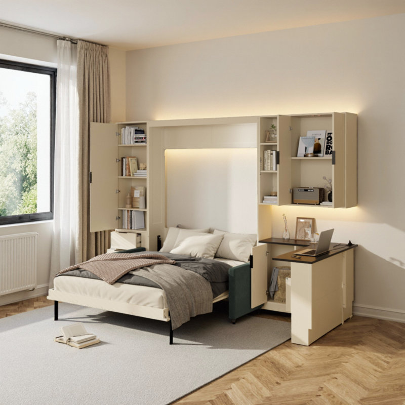 Grand lit escamotable avec rangement et canapé, Beige