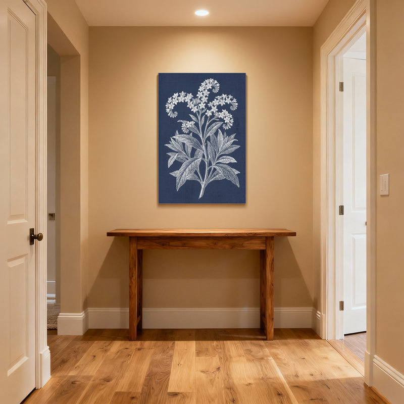 Plantes et fleurs, motif floral botanique sur fond bleu marine, H 30 po x l 20 po, Toile tendue, Ne s’applique pas