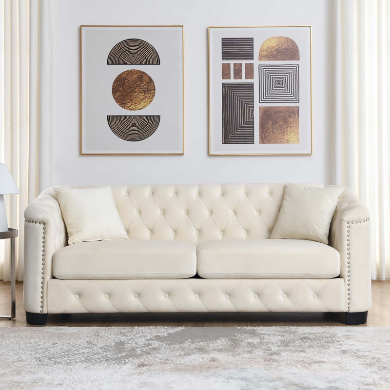 Canapé en velours Chesterfield 77 po, Beige