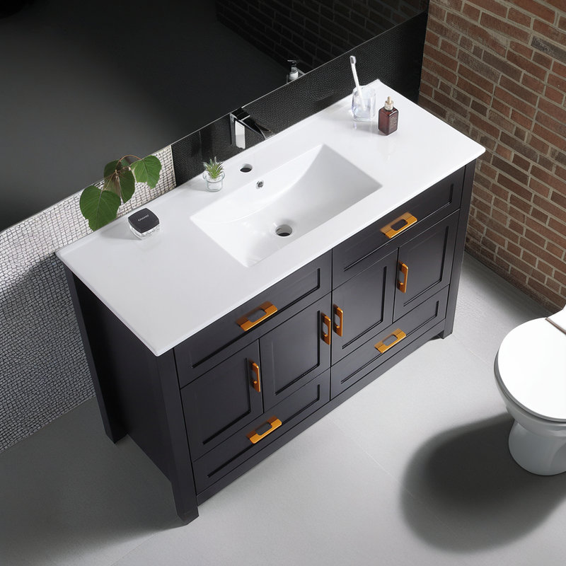 Meuble-lavabo de salle de bain avec lavabo en céramique, 4 portes à fermeture douce et 4 tiroirs, Noir