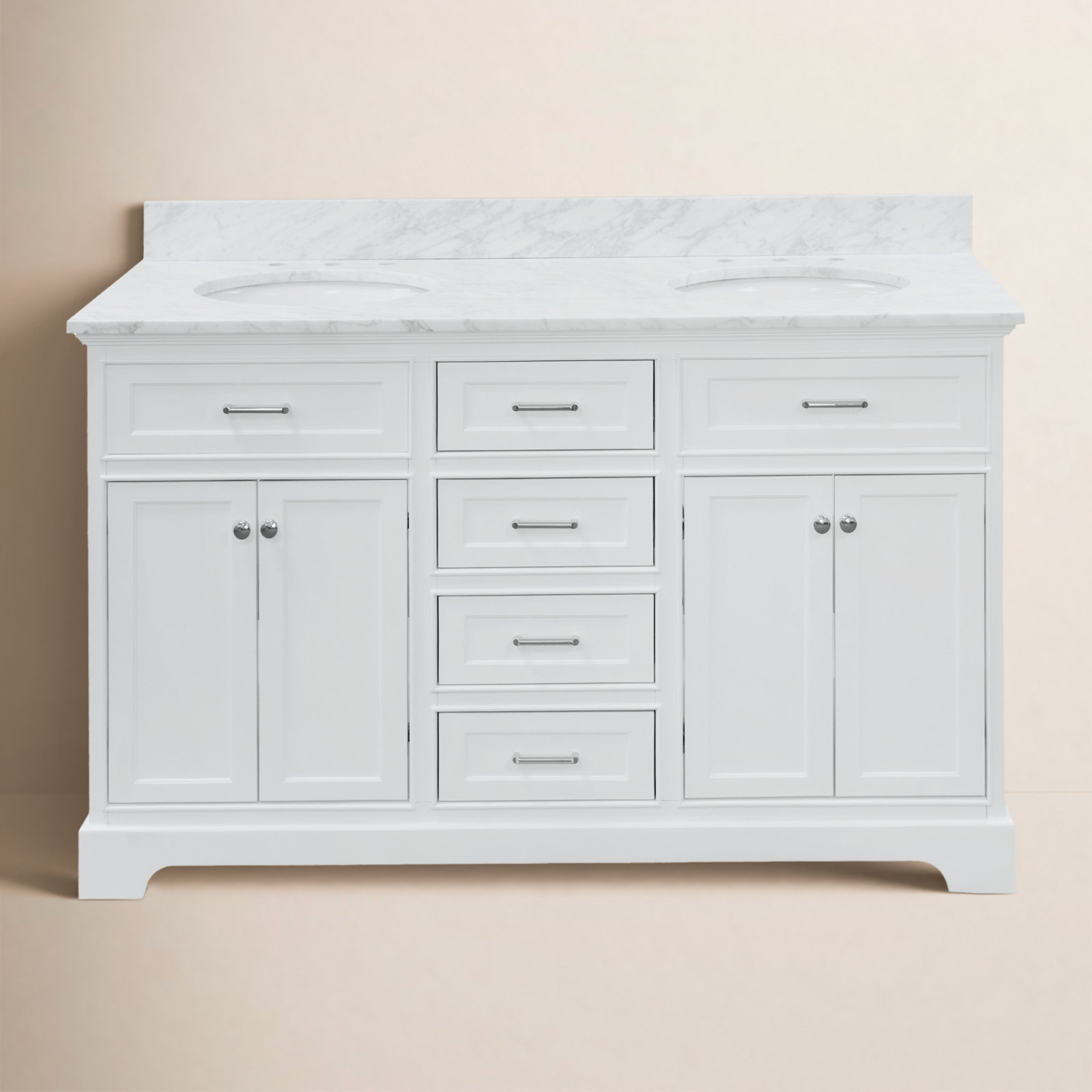 Ronnie 60'' Double Bathroom Vanity, White, Carrara Marble