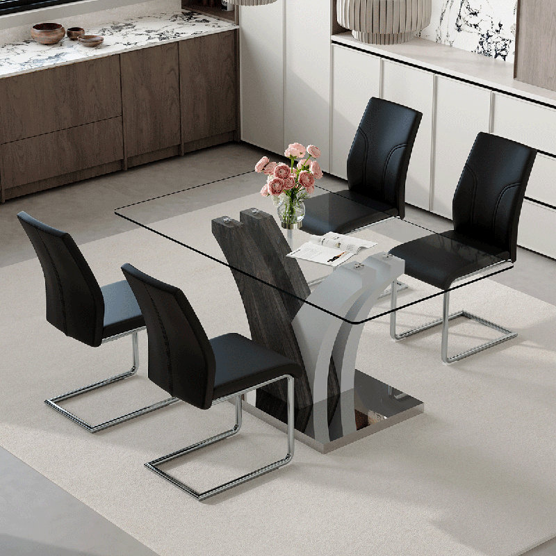Ensemble de table de salle à manger de 63 po pour 4 personnes, comprenant un plateau en verre et des chaises en cuir. Cet ensemble de salle à manger en verre de 5 pièces convient aux maisons, aux restaurants et aux espaces de bureau.