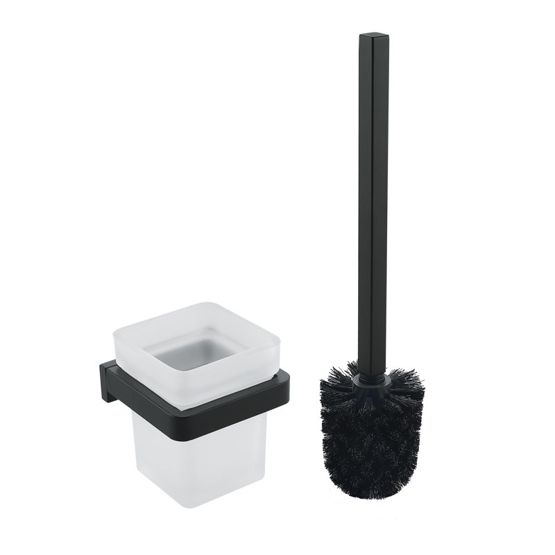 Brosse de toilette murale et support avec poignée en acier inoxydable et base en verre, Noir mat