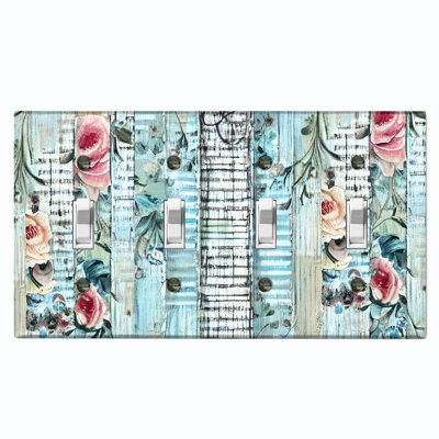 Rose Flower Blue Wood Fence Nature Themed 4 - Gang Toggle Light Switch Standard Wall Plate