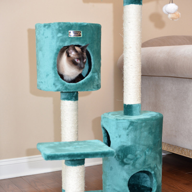 Dark Green Faux Fur and Sisal Cat Tree with Playhouses