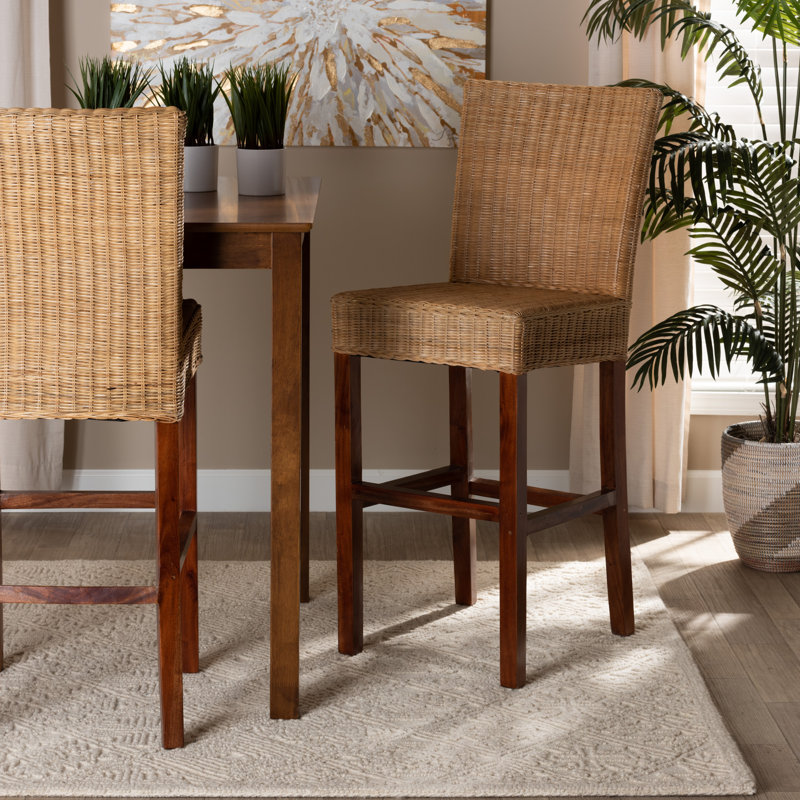 Rattan and Mahogany Wood Chauna Bar & Counter Stool, Bar Stool (29” Seat Height)