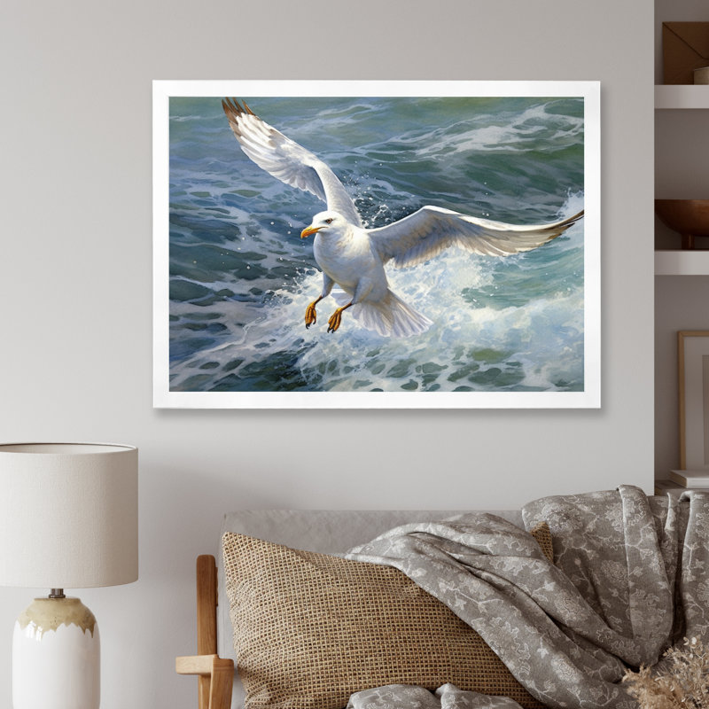 «Watchful Seagull IV», art mural sur toile, Cadre simple blanc, H 34 po x l 44 po x P 1,5 po