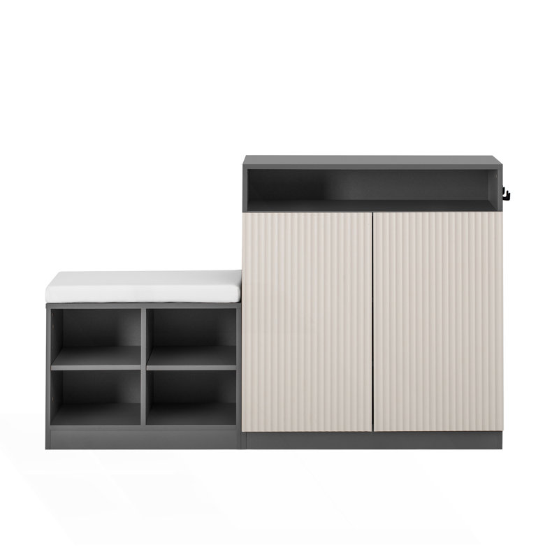 Armoire de salon avec banc à chaussures, 2 portes et 3 tablettes réglables à 3 niveaux, Beige/gris