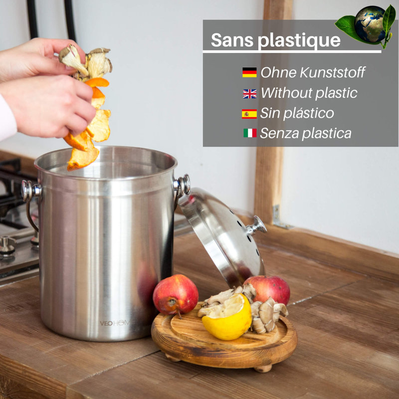 Kitchen Compost Bin with Charcoal Filter (1.3 Gallon)- Rust-Resistant Stainless Steel 100% Airtight