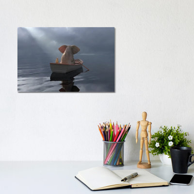 An Elephant And A Dog Float In A Boat After The Rain by Mike Kiev - Wrapped Canvas Print