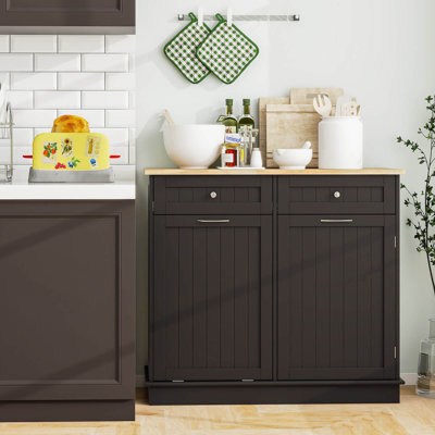 Wooden Kitchen Trash Cabinet Tilt Out Bin Holder With Drawer & Storage Shelf
