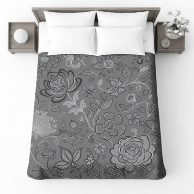 Gray Floral Motif Quilted Thin Bedspread